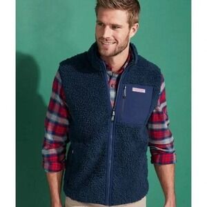 Vineyard Vines Mens Navy Blue Sherpa Fleece Full Zip Vest Large RN134578